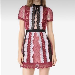 Self Portrait Red Pink and Black Panelled Chellis Mini Dress